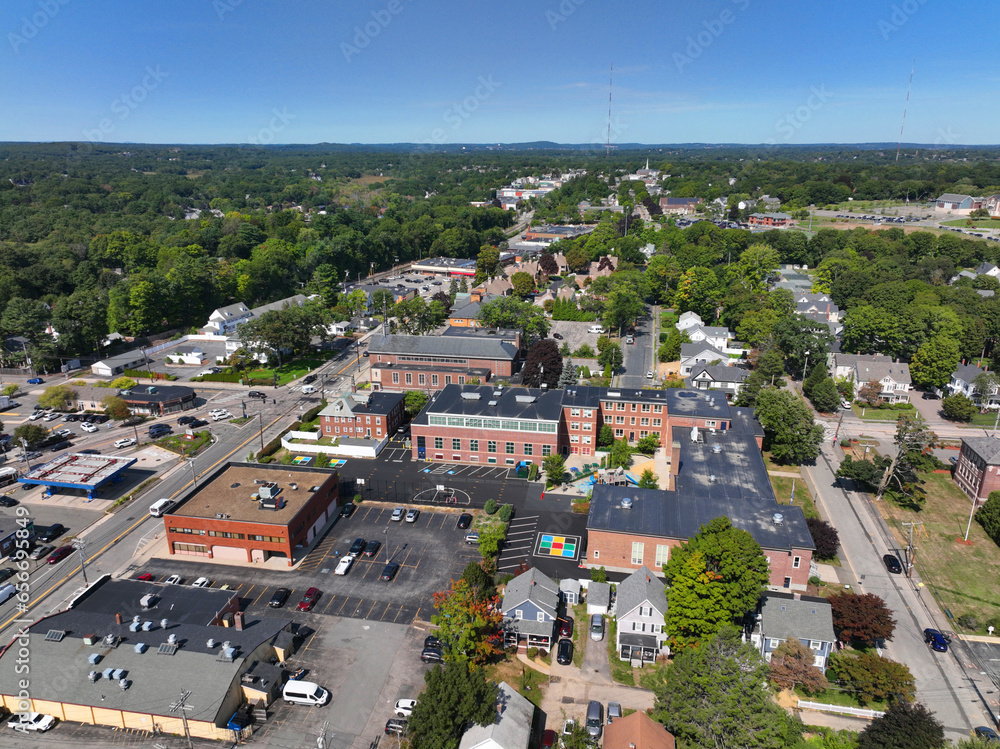 Needham historic town center aerial view on Highland Avenue and Great Plain Avenue, Needham, Massachusetts MA, USA.