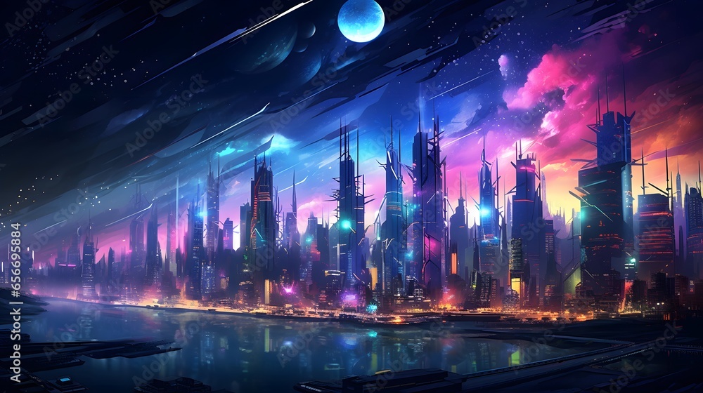 futuristic city in space with planets and stars. 3d rendering