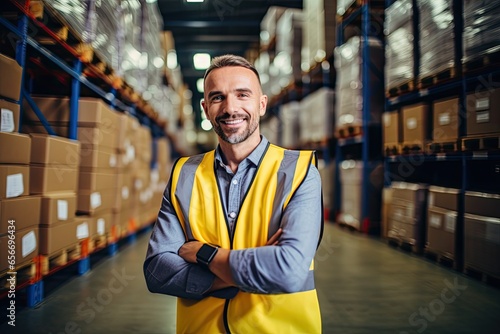 A happy and efficient warehouse manager in a reflective vest overseeing the distribution of merchandise and cargo. photo