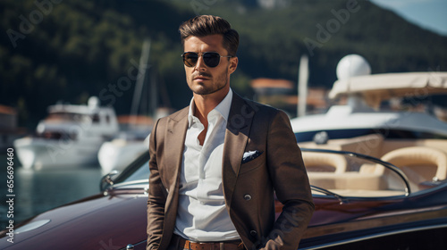 At a picturesque lake, a young man in a classic suit adjusts his jacket buttons, with a high-end yacht visible in the backdrop.. © ckybe