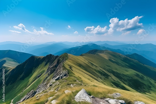 mountain summer landscape with green grass and blue sky in the background. rural scenery, nature freshness concept