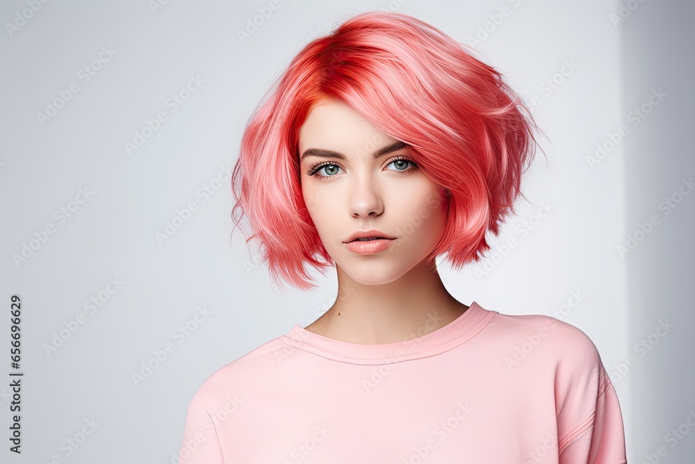 A fashionable young woman with a stylish pink wig and glamorous makeup, posing in a studio. A fashionable young woman with a stylish pink wig and glamorous makeup, posing in a studio.