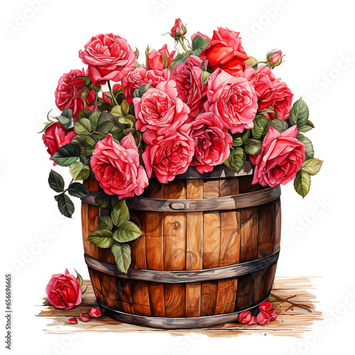 Barrel filled with flowers watercolor paint