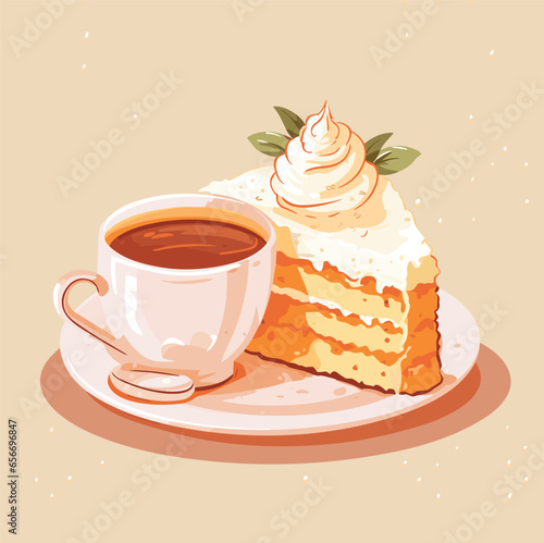 Cup of a hot coffee with a tasty delicious peace of a bithday cake. Sweet bakery and hot beverage. Yummy pie. Isolated vector in cartoon style