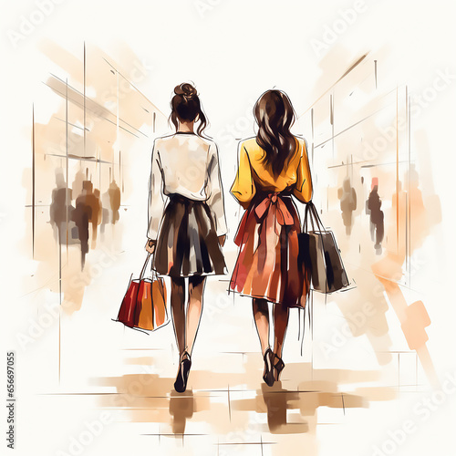 2 frauemn illustriert cartoon comic gehen in einer shopping mall einkafszentrum einkaufen shoppen weihnachten  photo