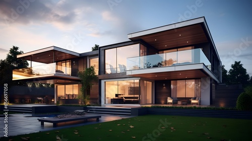 Modern house exterior panoramic view at dusk. Luxury modern house with pool and parking. © Iman