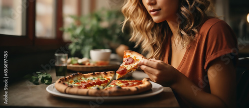 frau isst ein stück pizza photo