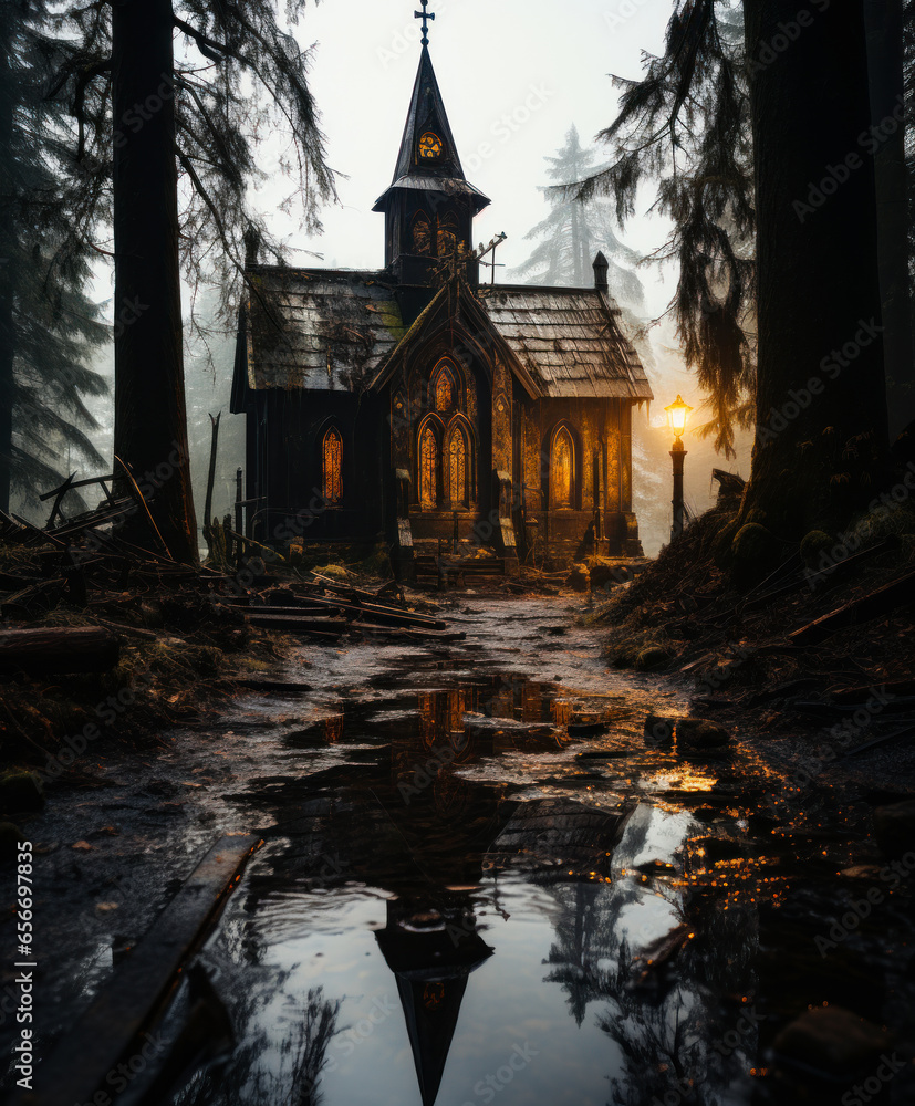 A church in the middle of a forest. Picturesque church nestled in the serene beauty of a lush forest A church in the middle of a forest. Picturesque church nestled in the serene beauty of a lush forest
