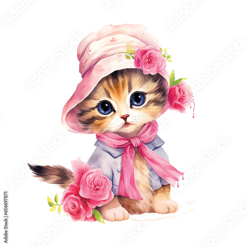  Cute kitty dressed like madamme watercolor paint photo
