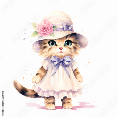 Cute kitty dressed like madamme watercolor paint photo