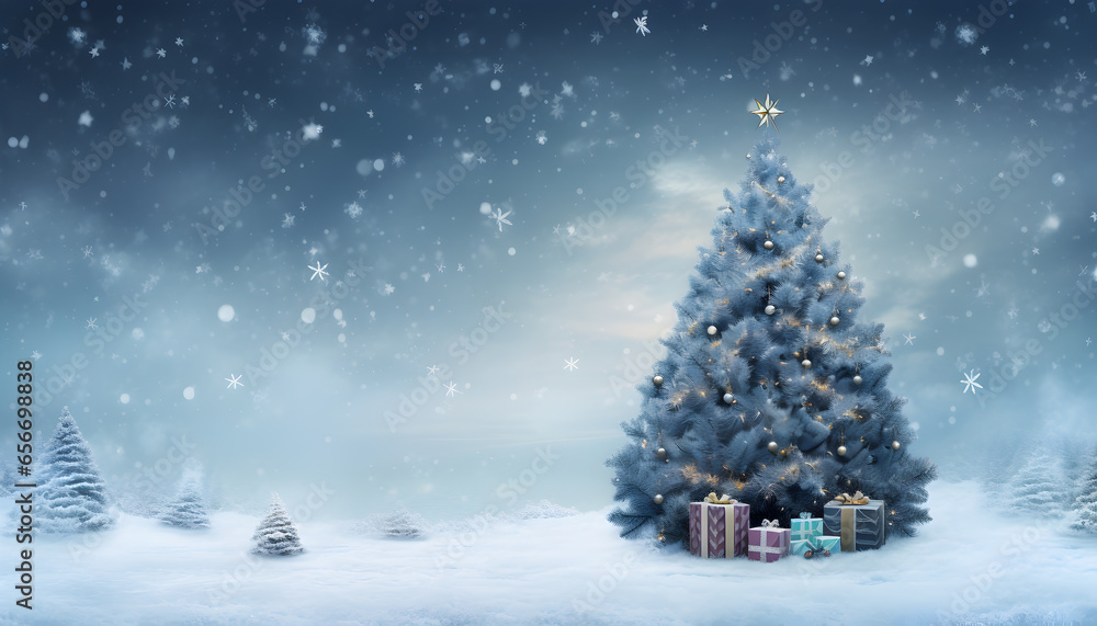 winter christmas tree with snow and gift winter christmas tree with snow and gift