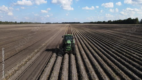 Potato fields. Agricultural machinery harvests the harvest. Tractor rides across the field