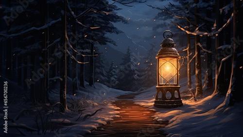 a lantern adorning the front porch or entrance of a home. The lantern covere in a light dusting of snow, and a vibrant green fir branch place nearby. © lililia