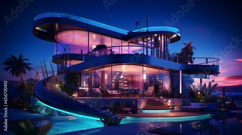 3D rendering of a luxury villa at night with blue lights