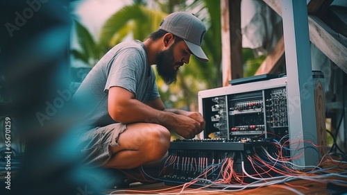 man technician is repairing a fiber optic connection outdoor.generative ai photo