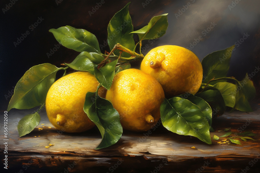 Fresh ripe lemons with leaves, oil paining. AI generated