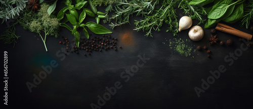herbs, vegetables, cooking imagery in a minimalistic photographic approach, artistic arrangement and ambiance, wiTh empty copy space