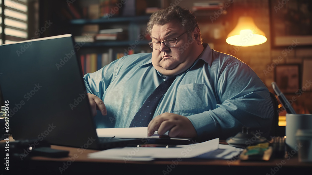 big size business man, fat man note and check on financial paper at working table. big size business man, fat man note and check on financial paper at working table.