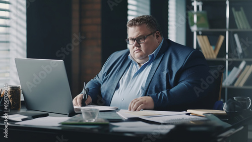 big size business man, fat man note and check on financial paper at working table.