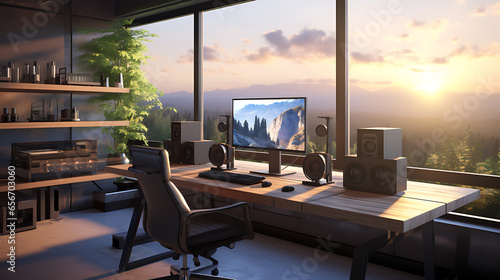 Visualize a modern home office where a young professional sits at a sleek desk, surrounded by dual monitors and ergonomic furniture, typing away on a laptop with a focused expression, while natural li © Alin