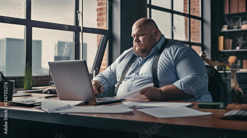 big size business man, fat man note and check on financial paper at working table. photo