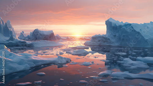 Witness a polar ice cap slowly melting, with chunks of ice breaking away into the ocean, illustrating the pressing issue of polar ice loss and its contribution to global sea-level rise photo