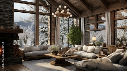 a cozy living room in a chic country house. The open-plan design connects the living area to a spacious kitchen and dining room. A large panoramic window frames a breathtaking view