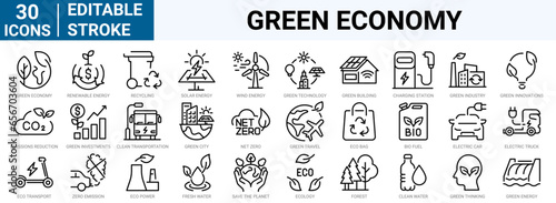 set of 30 line web icons Green economy. financial growth, green city, zero waste,global consumption. ecology. solar energy. Editable stroke.