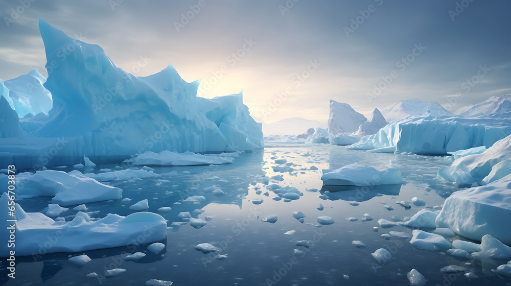 Witness a polar ice cap slowly melting, with chunks of ice breaking away into the ocean, illustrating the pressing issue of polar ice loss and its contribution to global sea-level rise - obrazy, fototapety, plakaty 