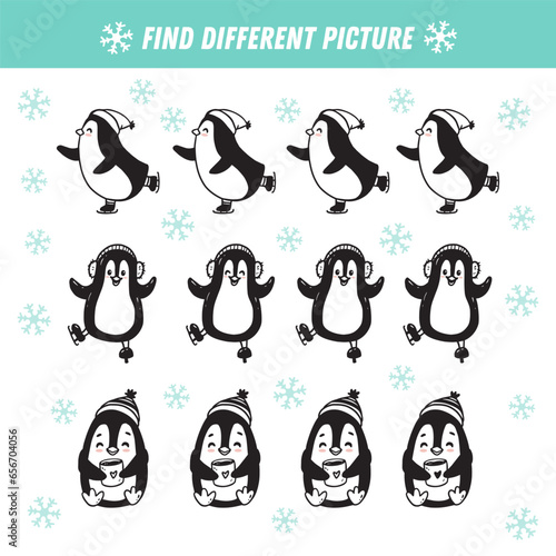 Find different penguin in each row. Christmas Logical game for kids. Cartoon penguin. Doodle. Vector