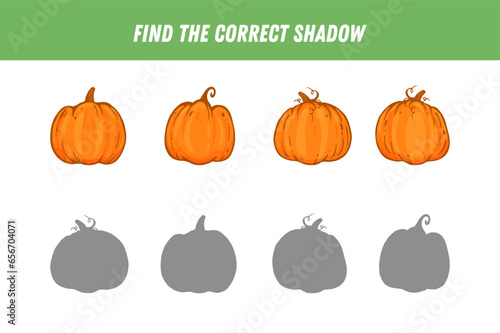 Find correct shadow of pumpkin. Educational logical game for kids. Autumn vegetable. Logic game. Activity page. Vector