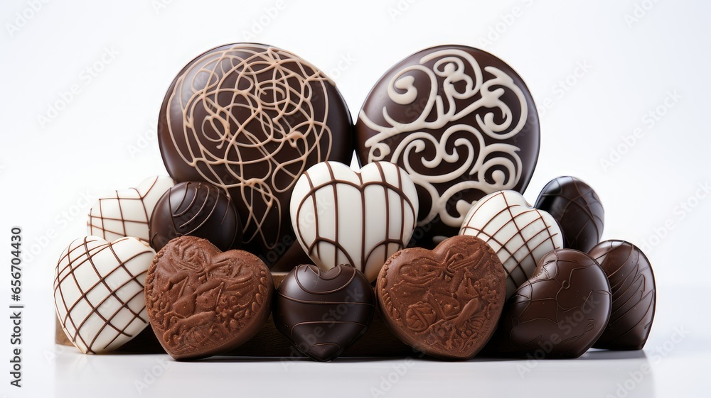 a delectable assortment of heart-shaped chocolate candies elegantly arranged on a pristine white background. The glossy sheen and intricate details of these sweets make them irresistibly tempting. a delectable assortment of heart-shaped chocolate candies elegantly arranged on a pristine white background. The glossy sheen and intricate details of these sweets make them irresistibly tempting.