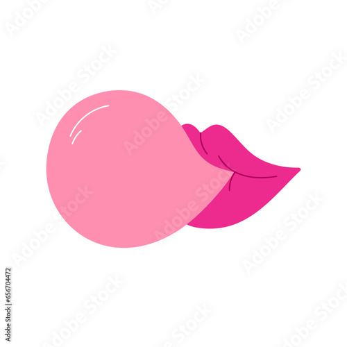 Lips inflate bubble of chewing gum. Female lips blowing pink bubble gum. Sweet chewing candy. Vector illustration in cartoon style. Isolated white background.