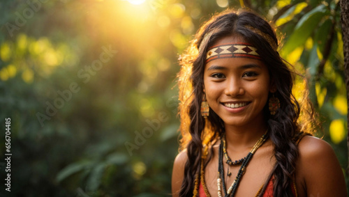 Fényképezés indigenous woman smiling in her home, Amazon jungle tribe, native people, Latin