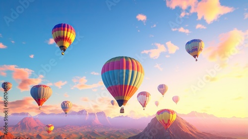  a group of hot air balloons flying over a mountain range.  generative ai © Anna