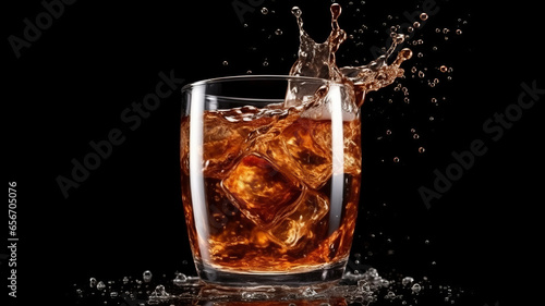 Splash cola, cold tea or coffee with ice cubes. Splashing drink in glass cup with air bubbles.generative ai.