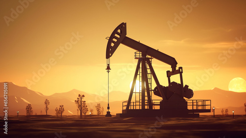 Silhouette of Crude oil pumpjack rig on desert silhouette in evening sunset, energy industrial machine for petroleum gas production generative ai. photo