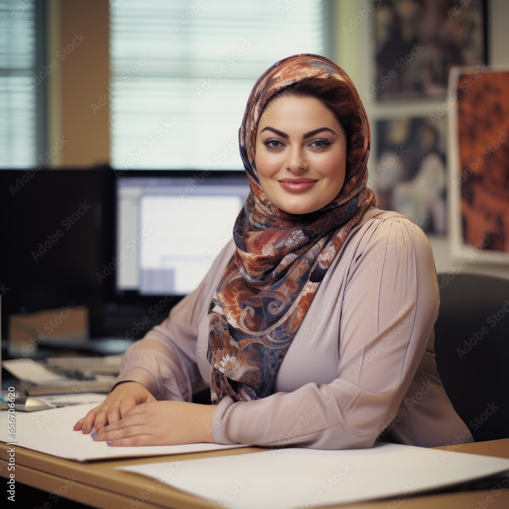 arabic hijab plus size happy curvy manager modern office successful job business woman photo arabic hijab plus size happy curvy manager modern office successful job business woman photo