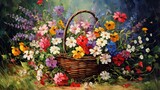 a painting of a basket full of flowers on the ground.  generative ai