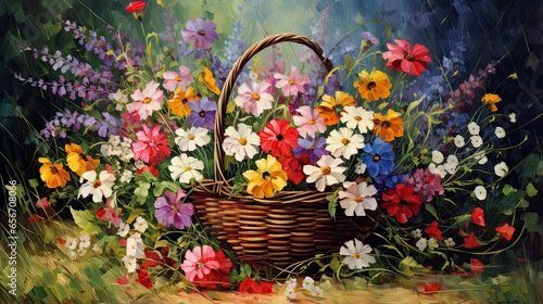  a painting of a basket full of flowers on the ground. generative ai