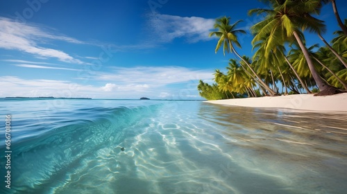 Panoramic view of beautiful tropical beach with coconut palm trees.