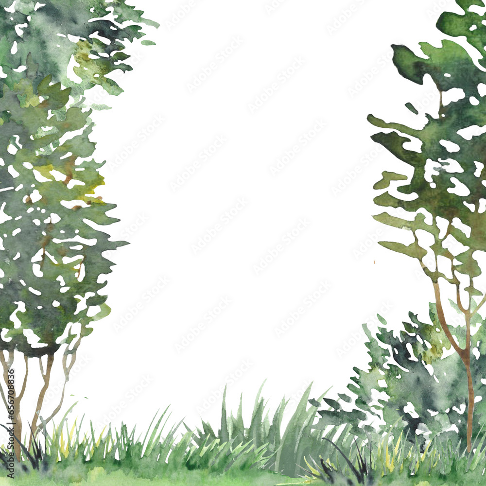 postcard with plants drawn in watercolor, trees, bushes, postcard with plants drawn in watercolor, trees, bushes,