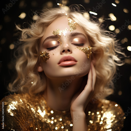 fictional blond woman in gold glittering dress on golden glitter background, Closed eyes girl with blond lush hair, luxury and premium photography for advertising product design