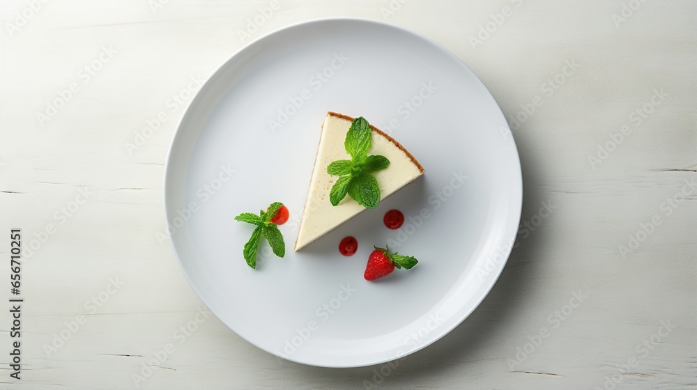 a piece of cheesecake with green leaves and strawberries on a white plate. generative ai a piece of cheesecake with green leaves and strawberries on a white plate. generative ai