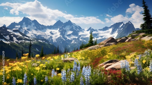 Mountains landscape panoramic view with flowers and blue sky.