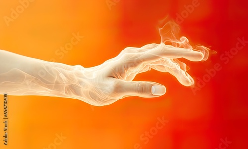 Hands, fingers affected by arthrosis, arthritis, or psoriatic arthritis, showcasing joint inflammation and pain, depicting the impact of health conditions on mobility, daily life. Glowing background photo