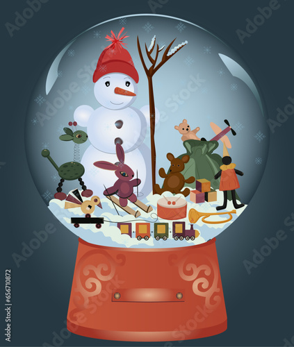 globe,deer in the snow, decorated christmas tree in the snow,christmas tree branch, christmas balls, snow falls, toys, gifts, fir tree, snow globe, snowman