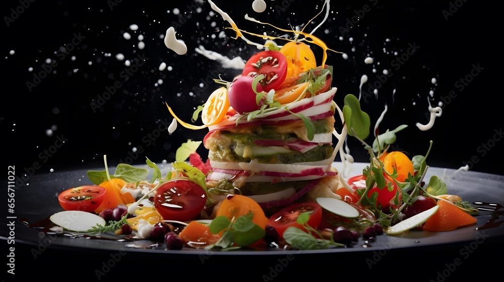 Salad with vegetables and cheese on a black plate on a black background