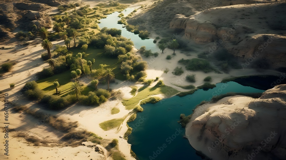 Panoramic view of the lake in the desert. 3d rendering