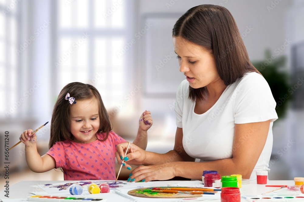 preschooler child and young mother study together, AI generated image preschooler child and young mother study together, AI generated image